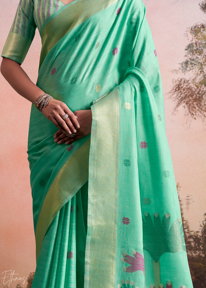 Mint Green Lotus Pallu Linen Silk Saree