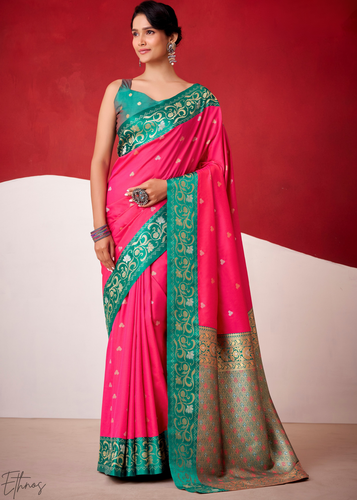 Hot Pink Paisley Border Satin Silk Saree
