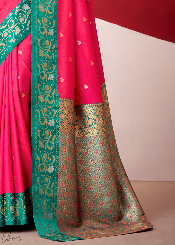 Hot Pink Paisley Border Satin Silk Saree