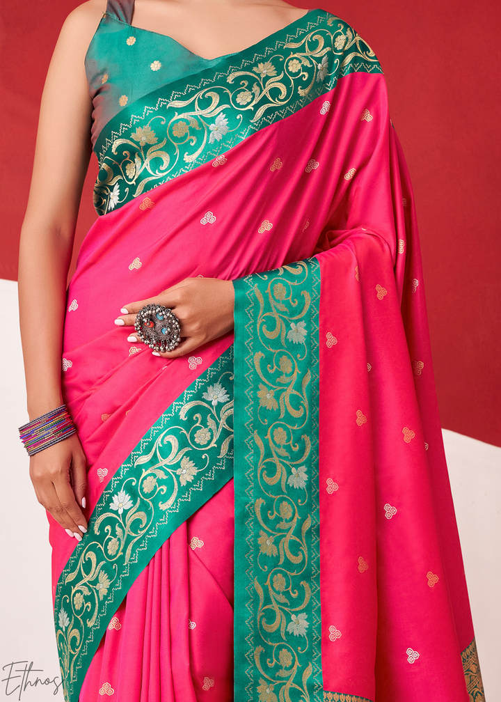 Hot Pink Paisley Border Satin Silk Saree