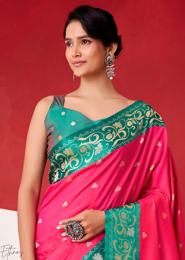 Hot Pink Paisley Border Satin Silk Saree