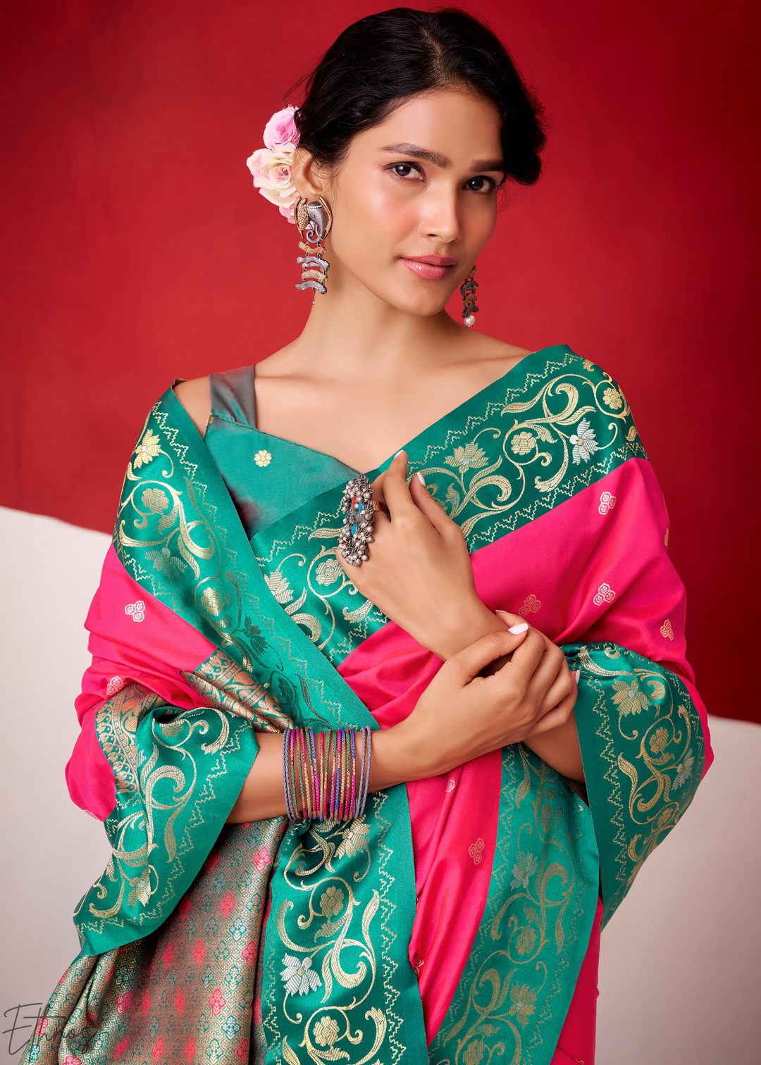 Hot Pink Paisley Border Satin Silk Saree