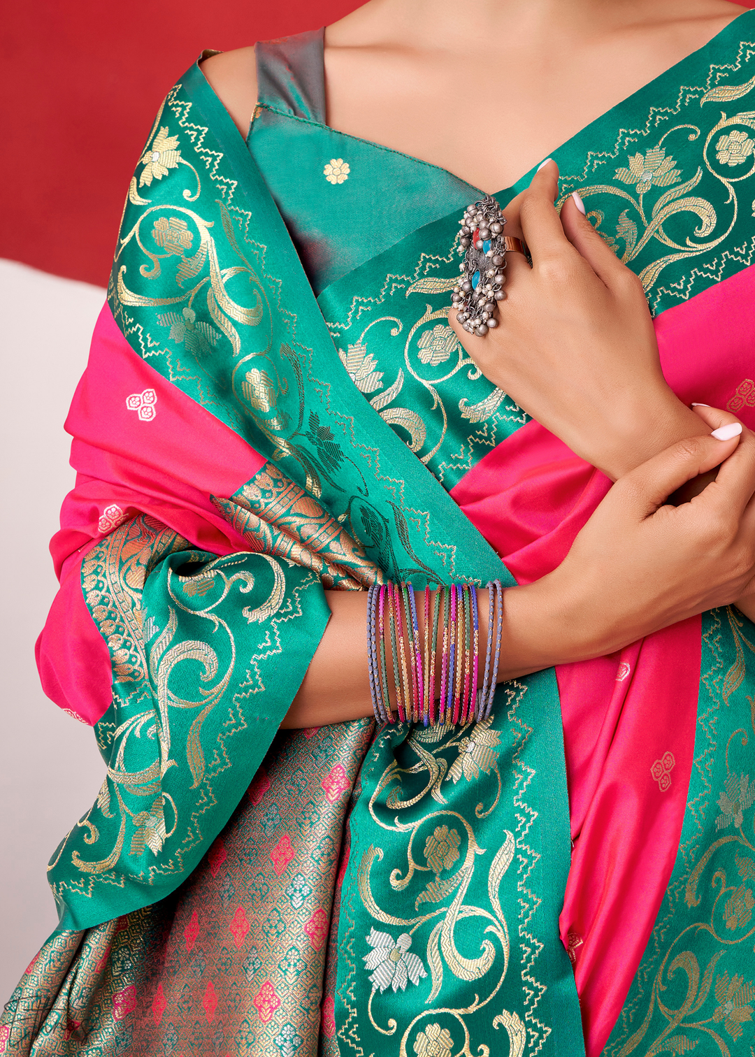 Hot Pink Paisley Border Satin Silk Saree