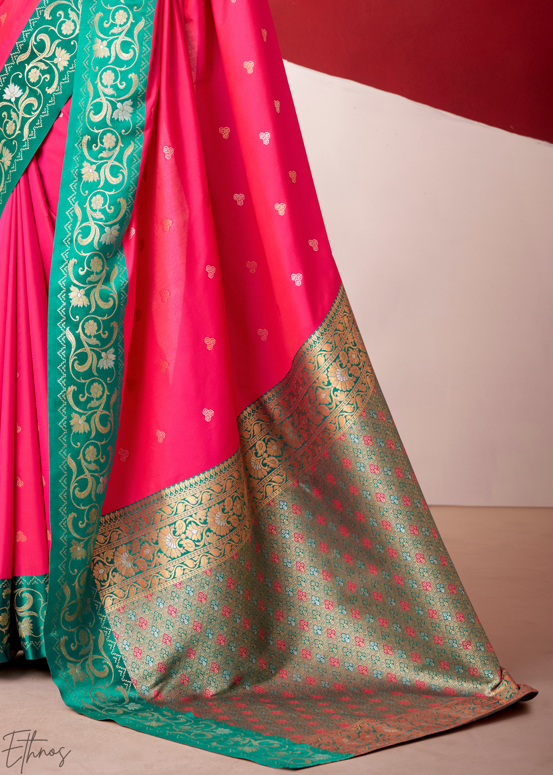 Hot Pink Paisley Border Satin Silk Saree