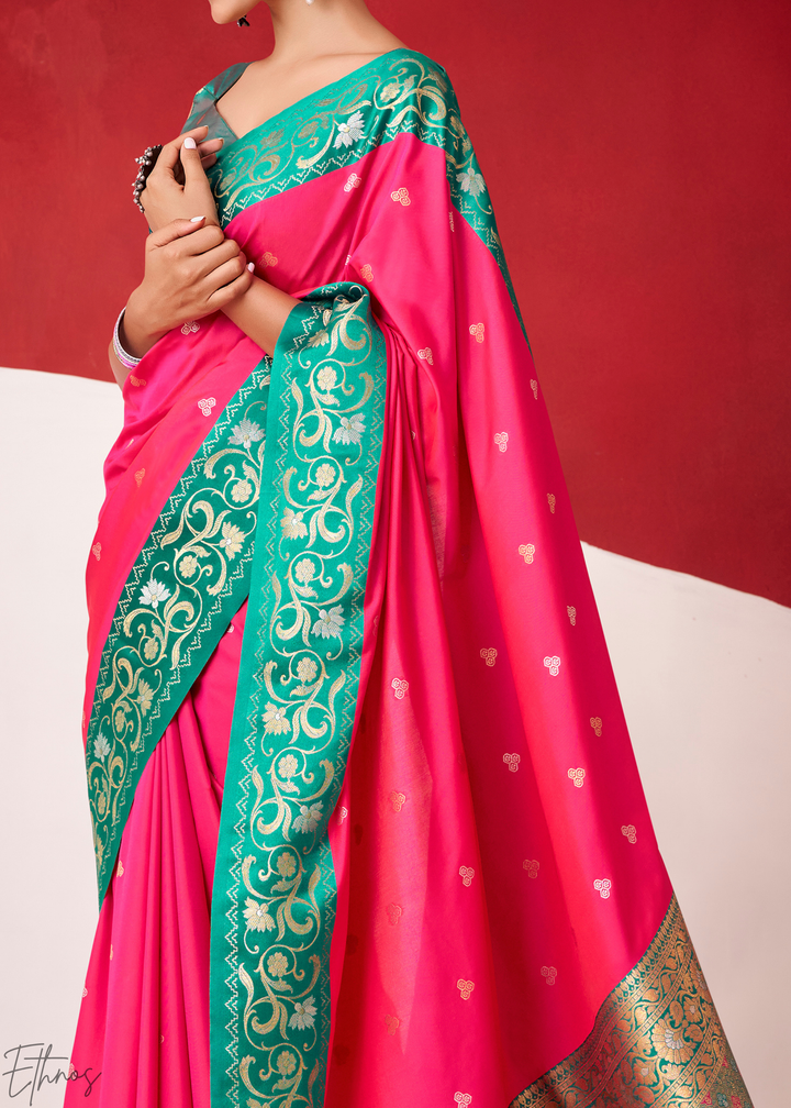 Hot Pink Paisley Border Satin Silk Saree