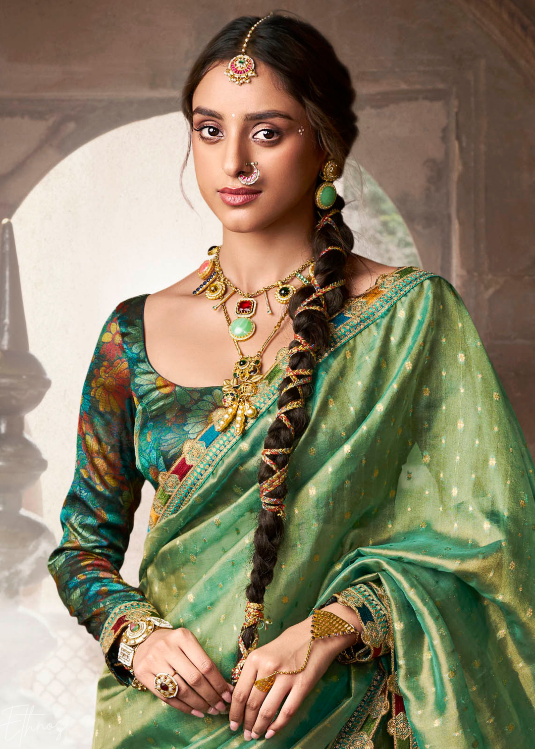 Mint Green Pom-Pom Border Tissue Silk Saree