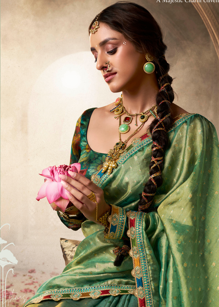 Mint Green Pom-Pom Border Tissue Silk Saree