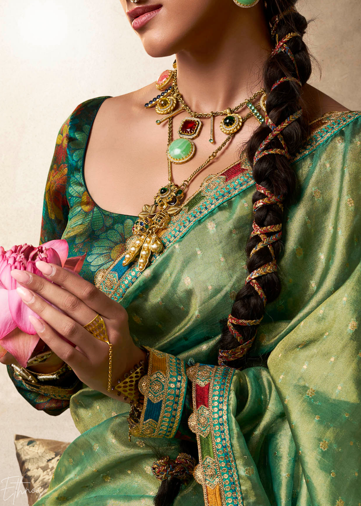 Mint Green Pom-Pom Border Tissue Silk Saree