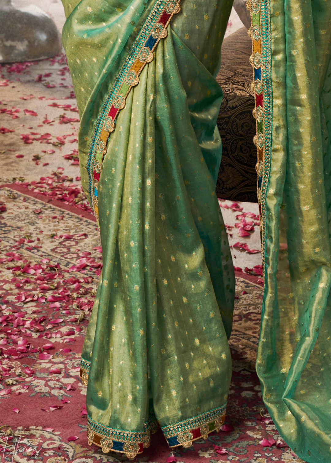 Mint Green Pom-Pom Border Tissue Silk Saree