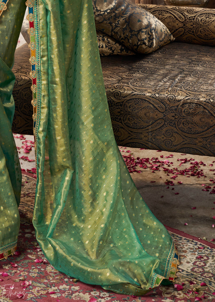 Mint Green Pom-Pom Border Tissue Silk Saree