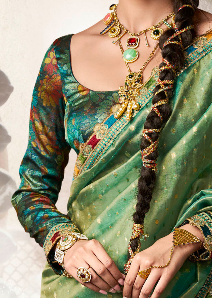 Mint Green Pom-Pom Border Tissue Silk Saree
