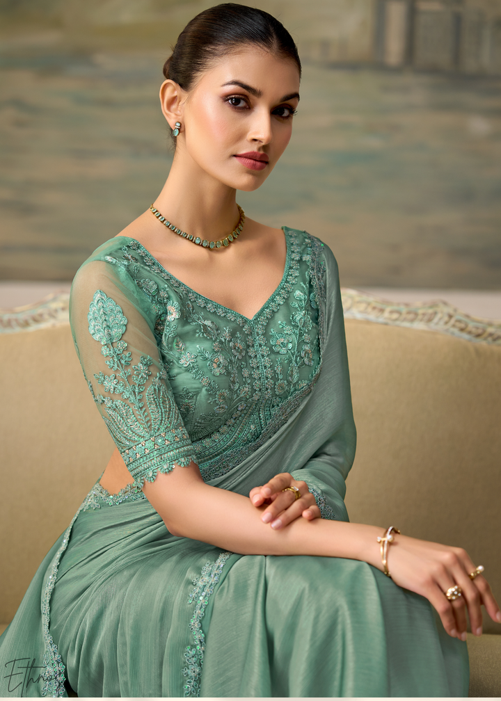 Mint Green Ruffle Border Chiffon Saree