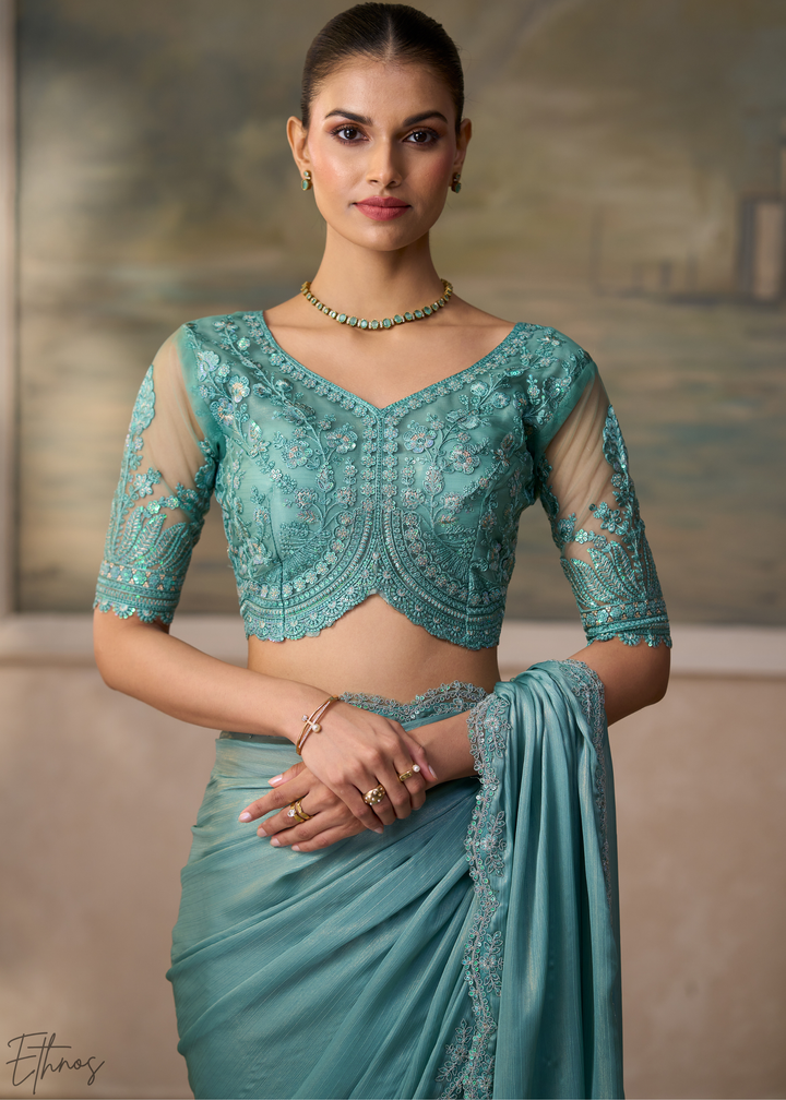 Mint Green Ruffle Border Chiffon Saree