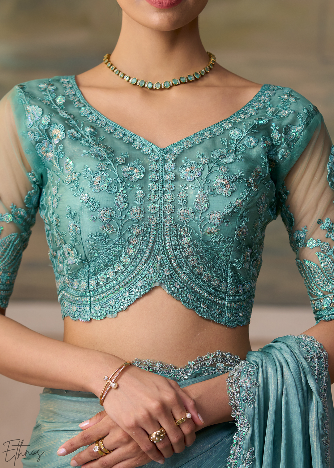 Mint Green Ruffle Border Chiffon Saree