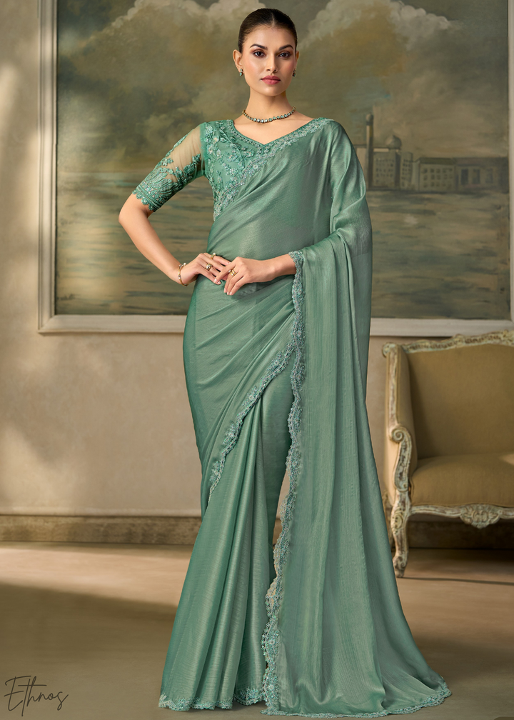 Mint Green Ruffle Border Chiffon Saree