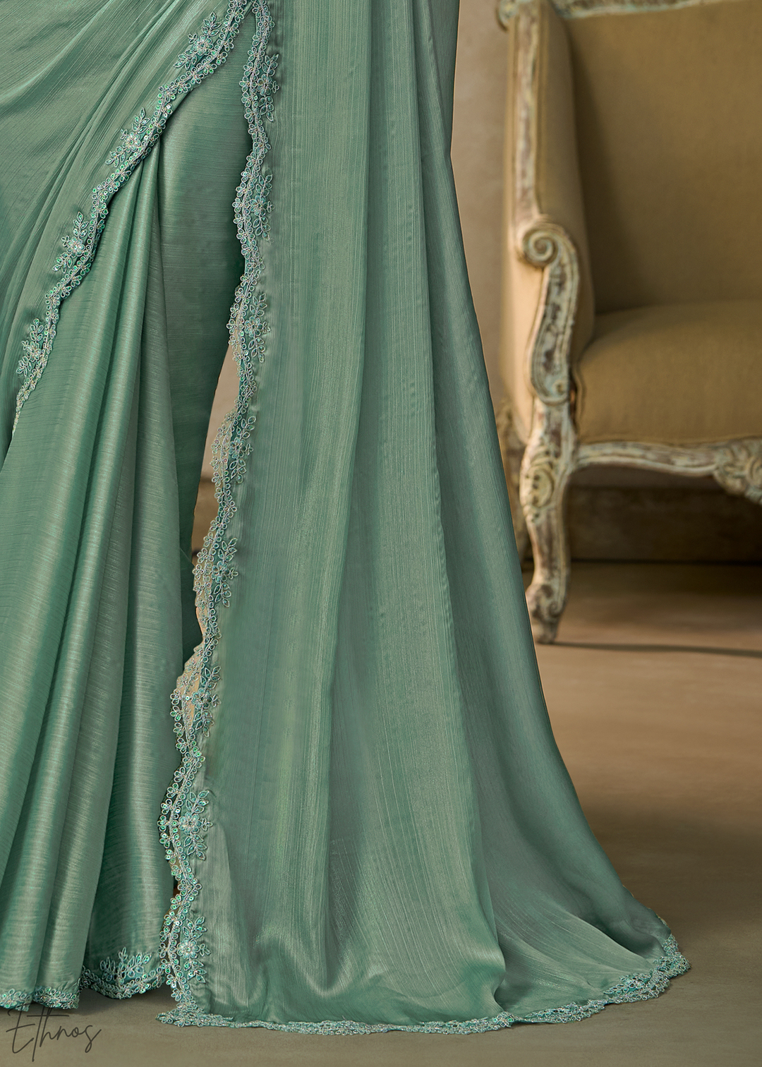 Mint Green Ruffle Border Chiffon Saree