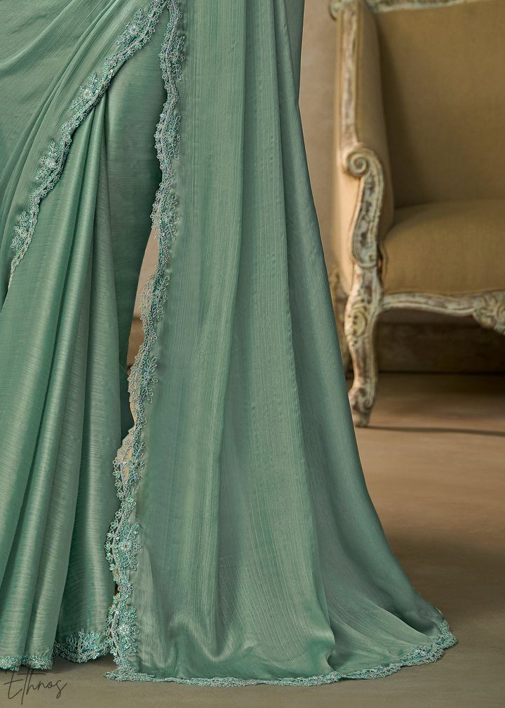 Mint Green Ruffle Border Chiffon Saree