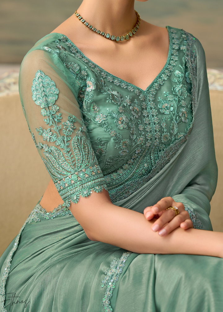 Mint Green Ruffle Border Chiffon Saree