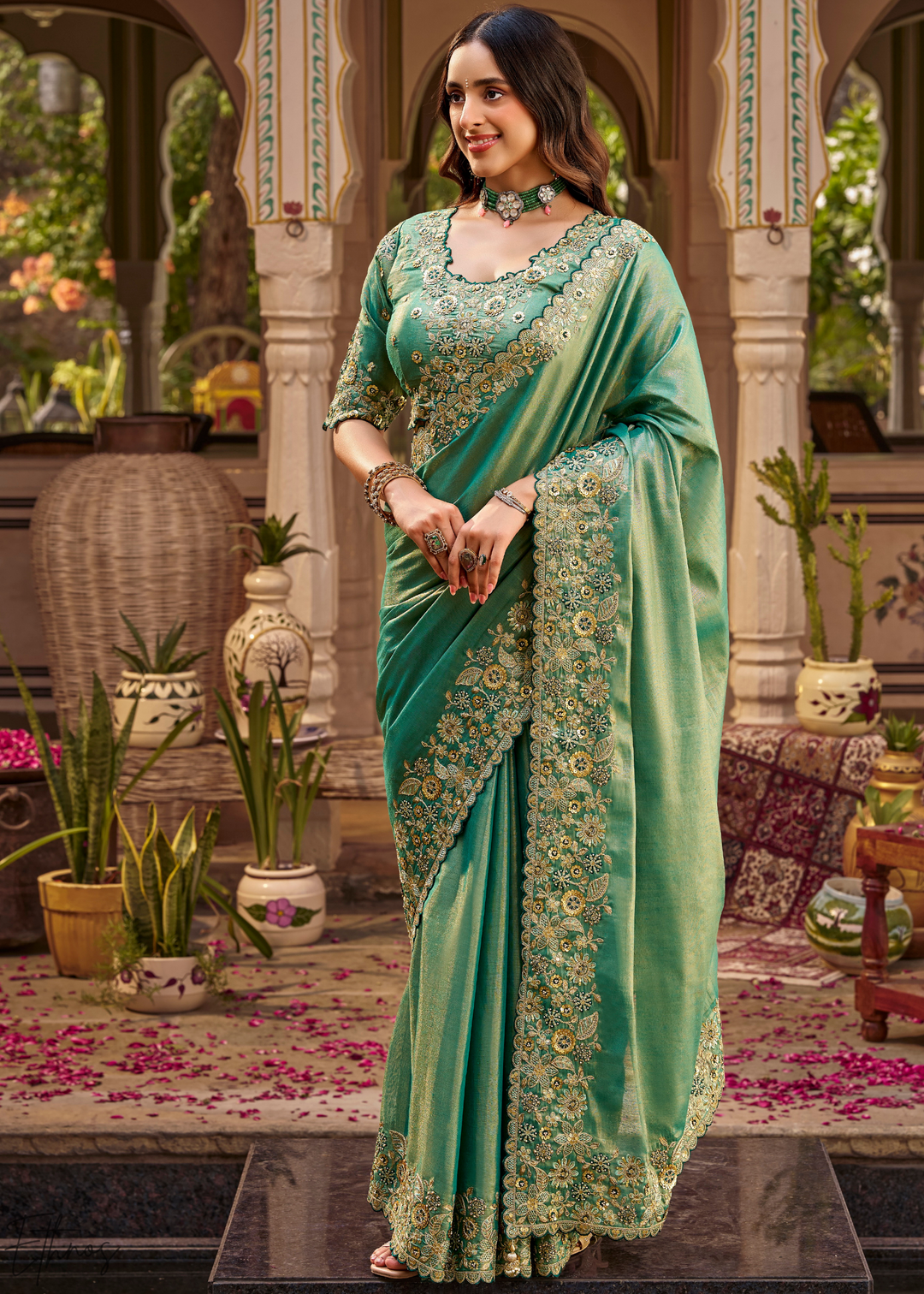 Mint Green Scallop Border Embroidered Silk Saree