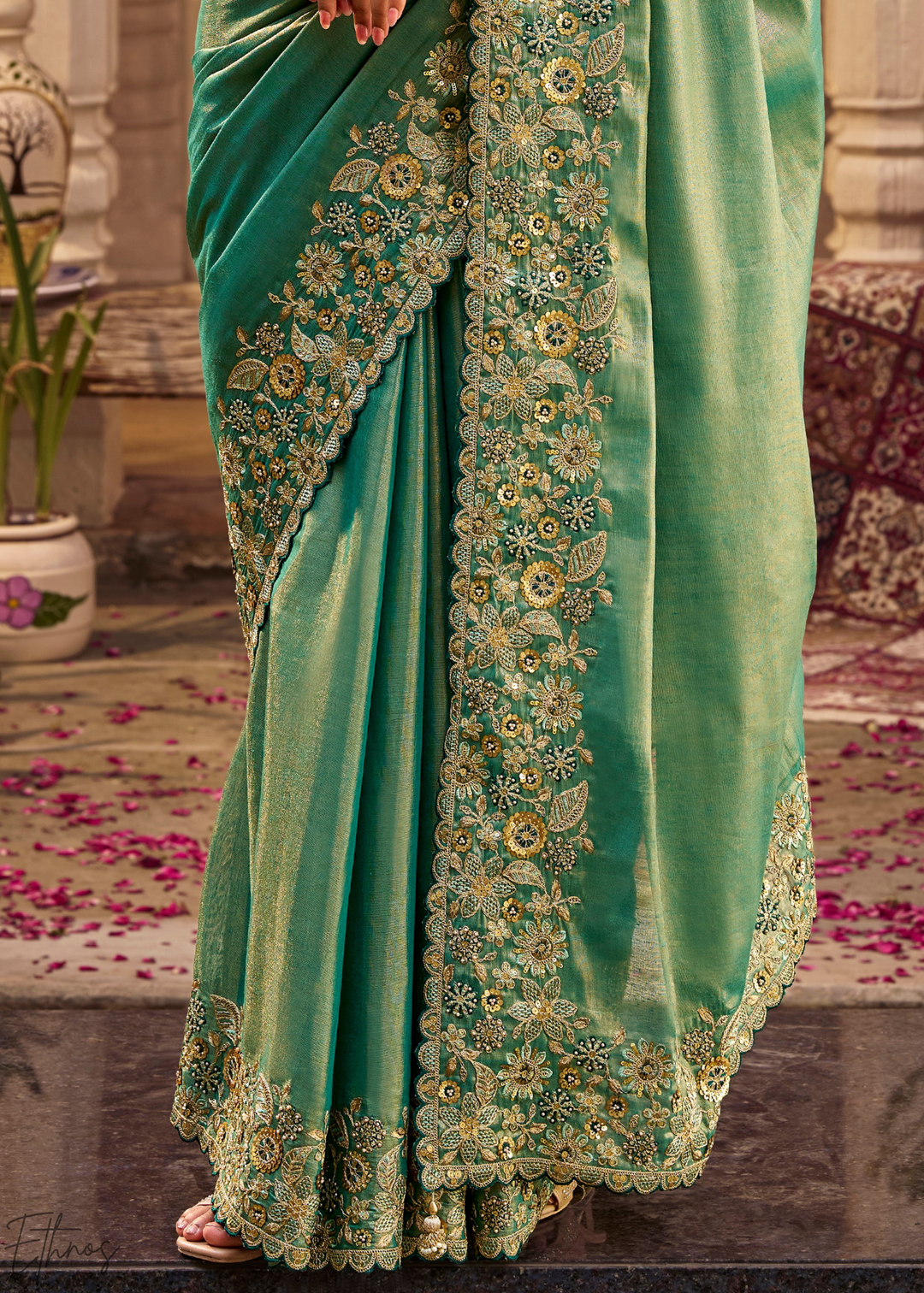 Mint Green Scallop Border Embroidered Silk Saree