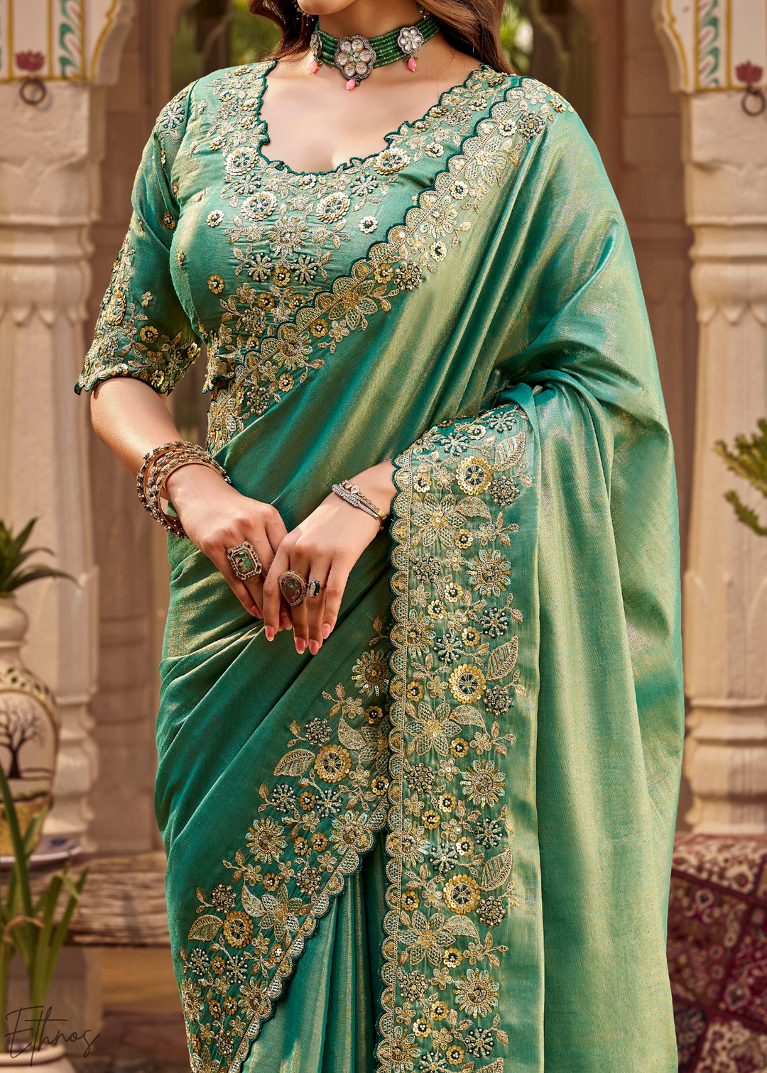 Mint Green Scallop Border Embroidered Silk Saree