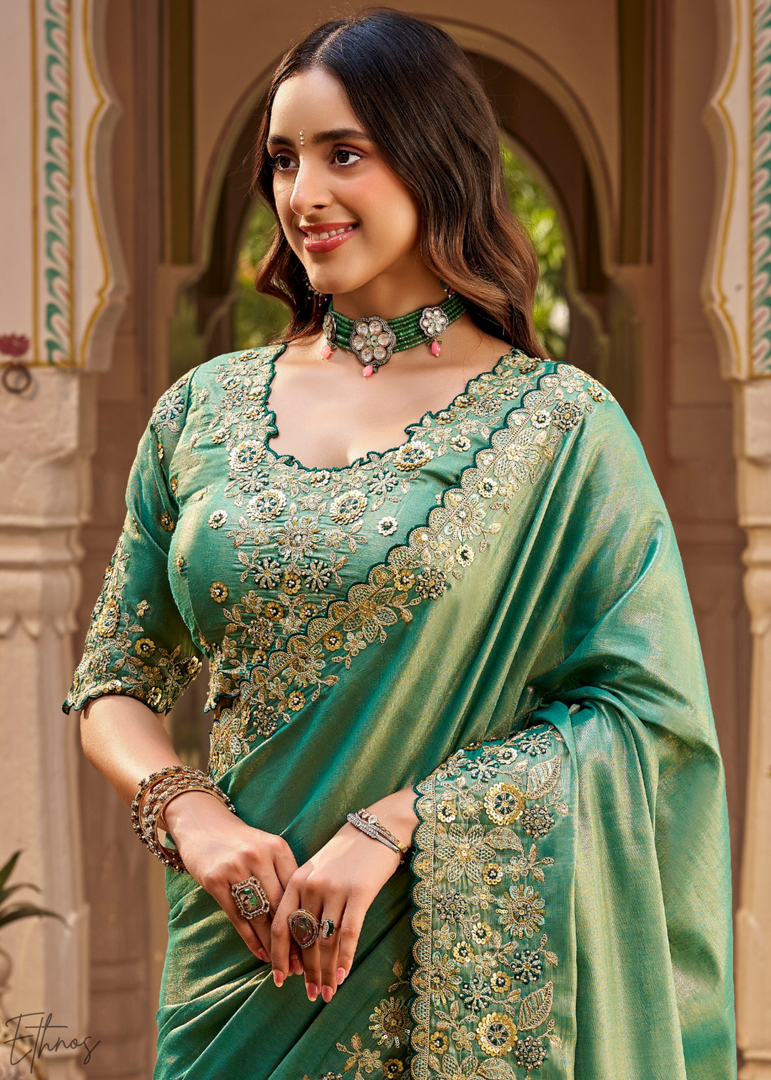 Mint Green Scallop Border Embroidered Silk Saree