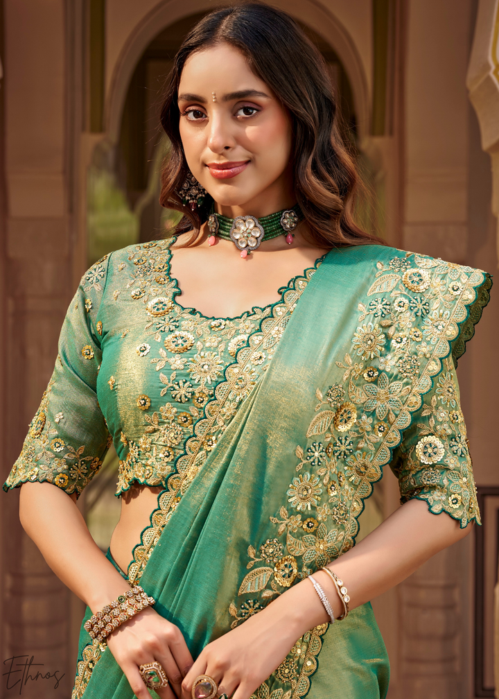 Mint Green Scallop Border Embroidered Silk Saree