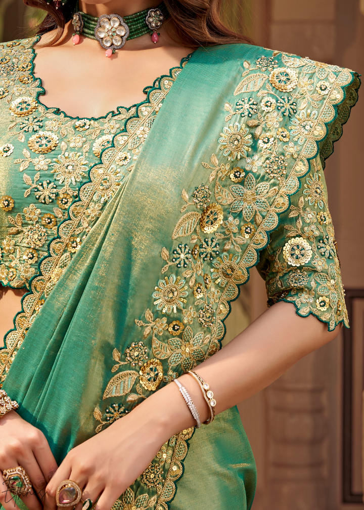 Mint Green Scallop Border Embroidered Silk Saree