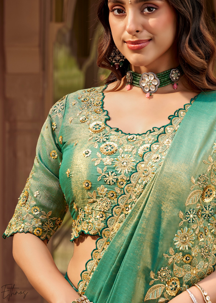 Mint Green Scallop Border Embroidered Silk Saree