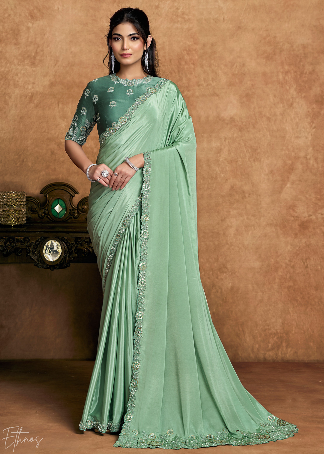 Mint Green Sequin Embroidered Pure Crepe Satin Saree