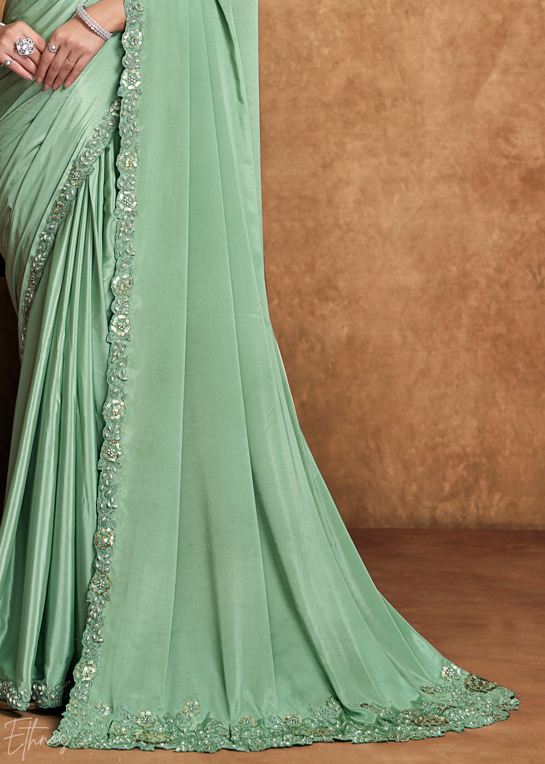 Mint Green Sequin Embroidered Pure Crepe Satin Saree