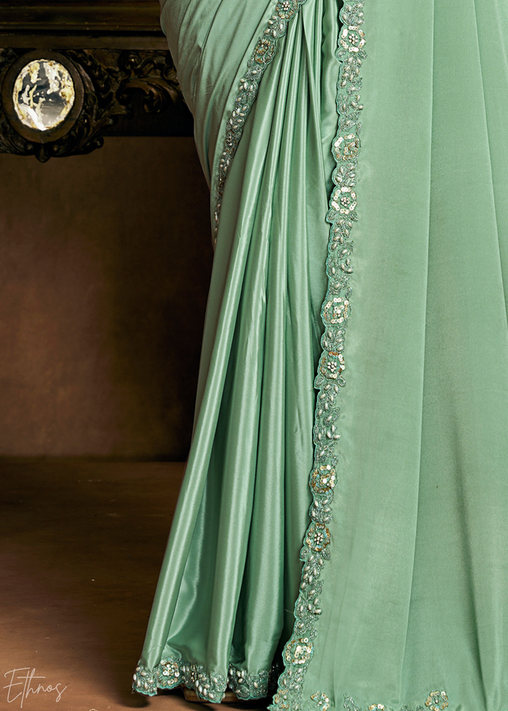 Mint Green Sequin Embroidered Pure Crepe Satin Saree