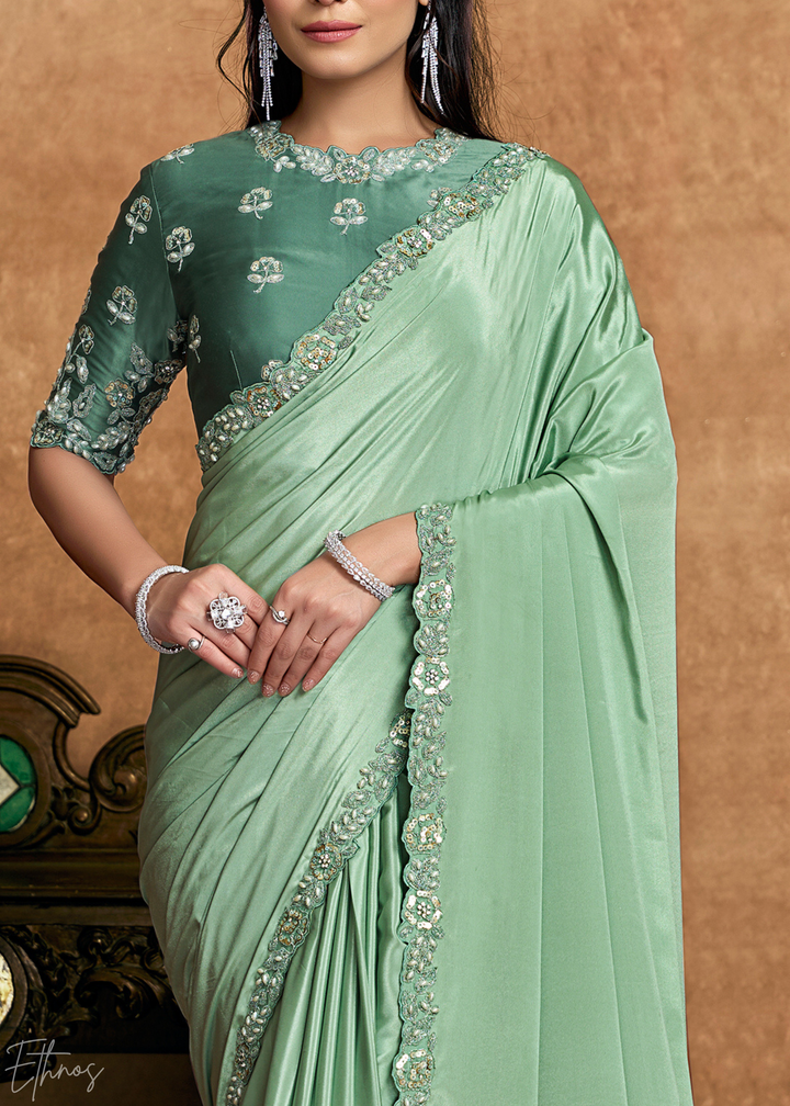 Mint Green Sequin Embroidered Pure Crepe Satin Saree