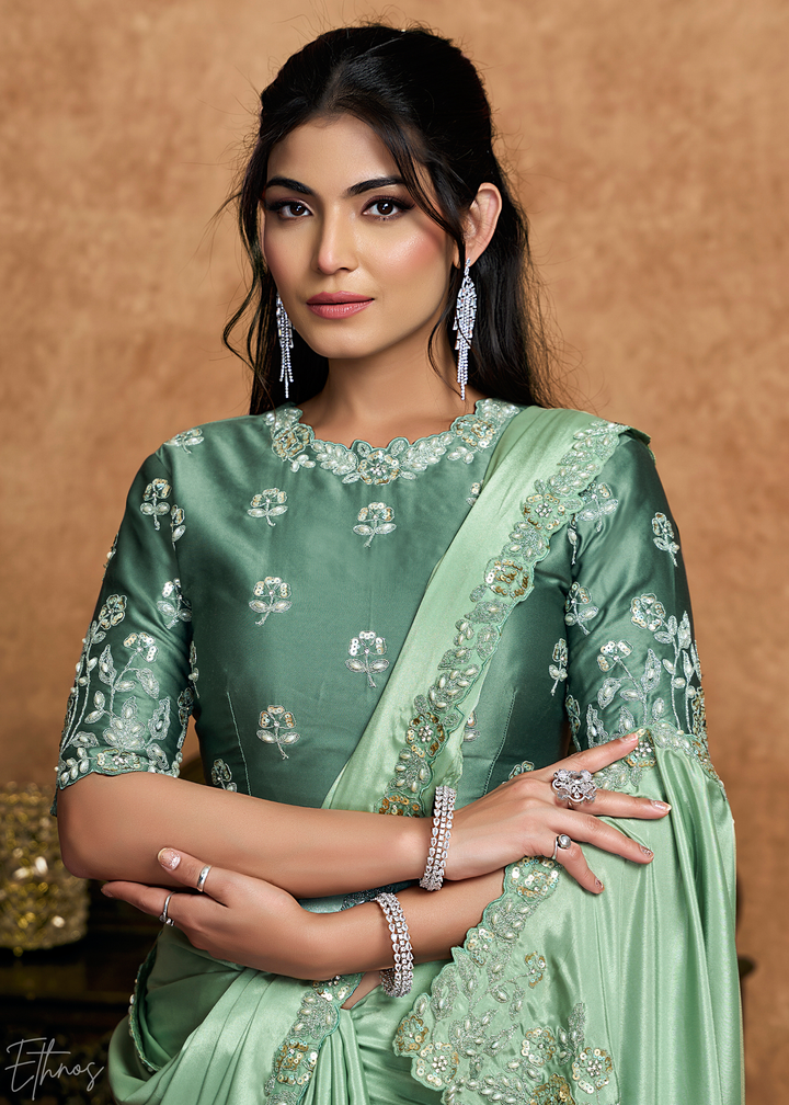 Mint Green Sequin Embroidered Pure Crepe Satin Saree