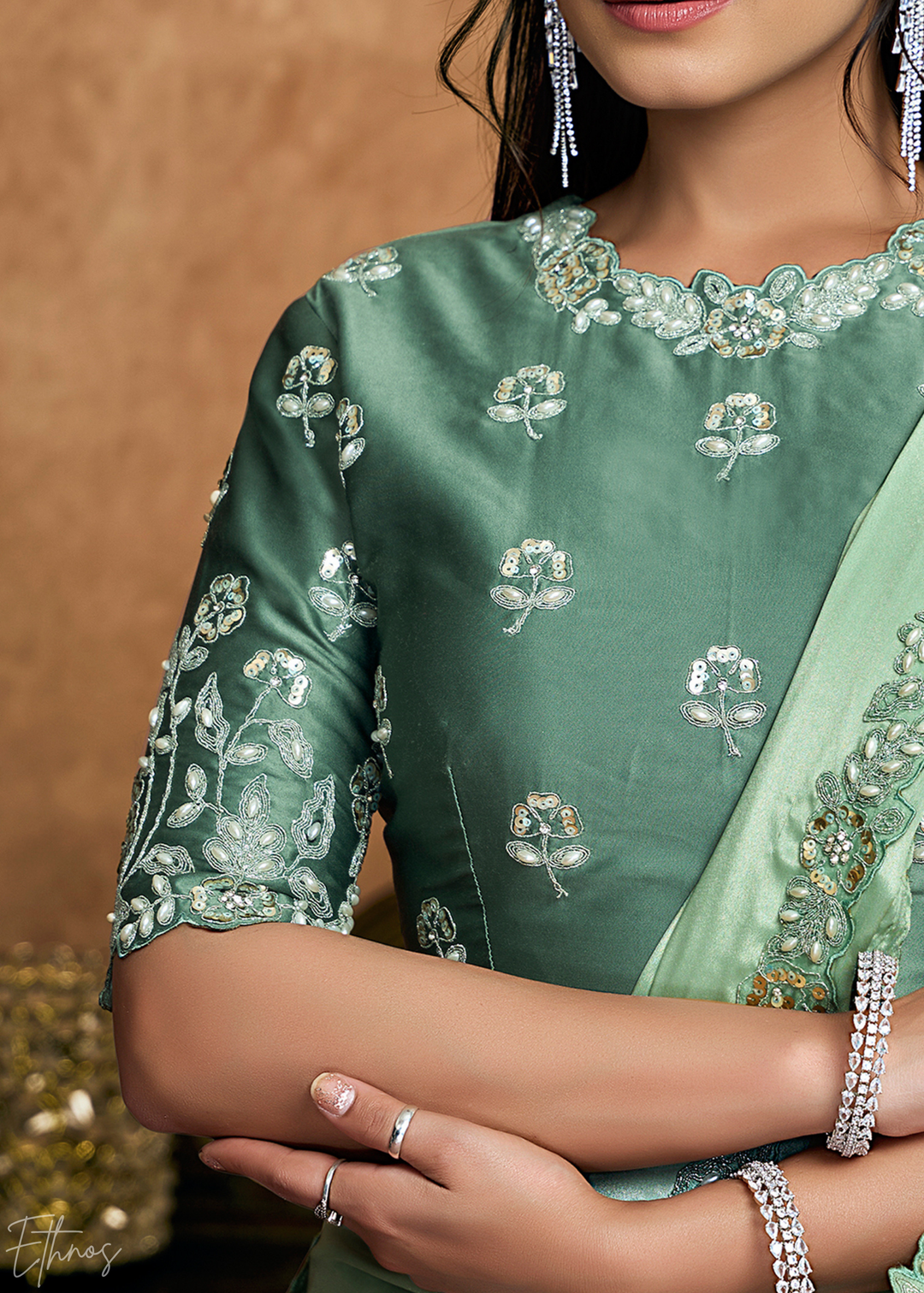 Mint Green Sequin Embroidered Pure Crepe Satin Saree