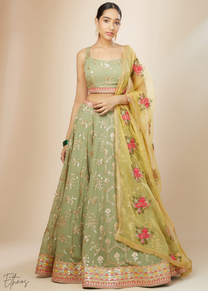 Mint Green Sequins Georgette Lehenga