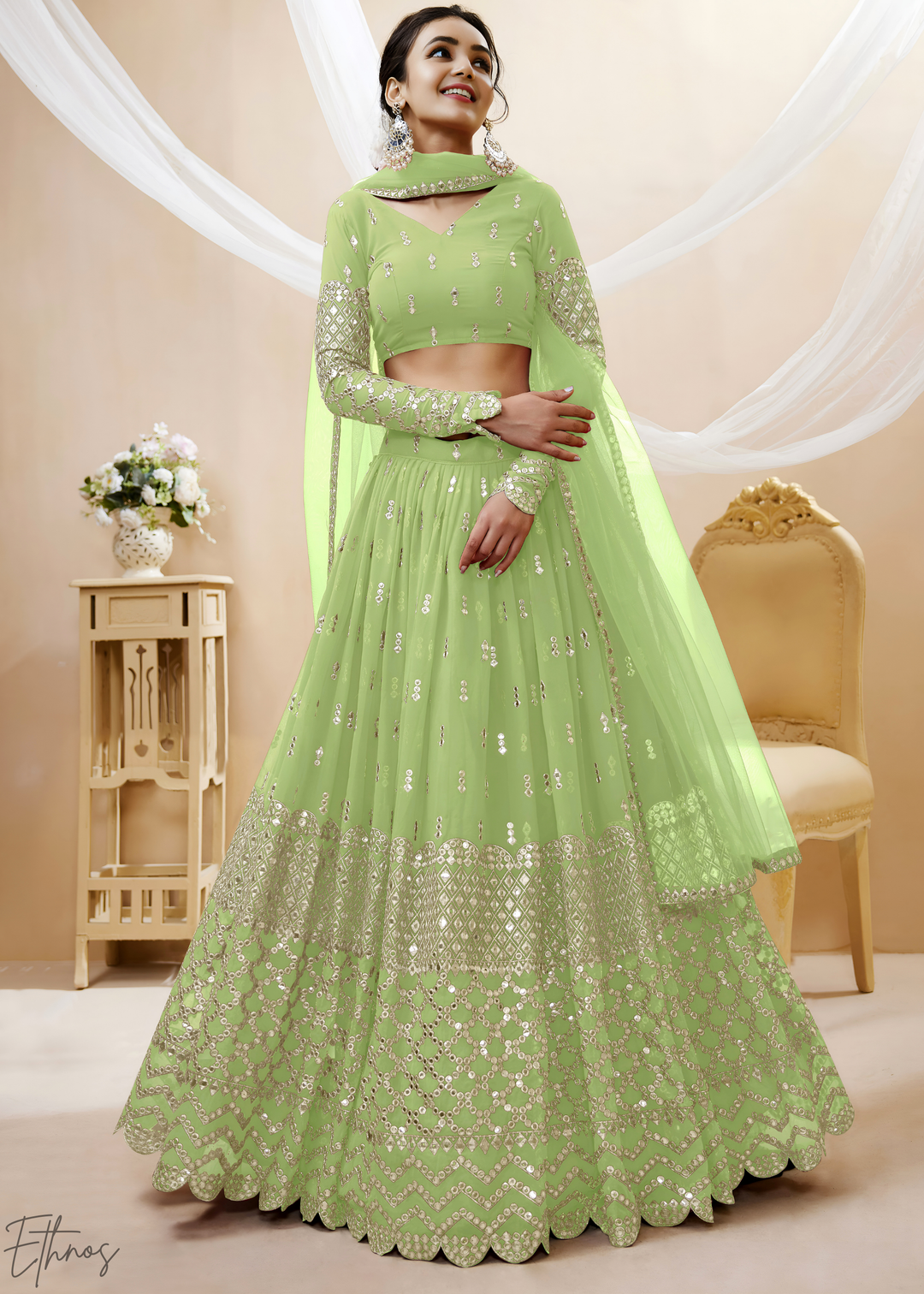 Mint Green Sequins Georgette Lehenga
