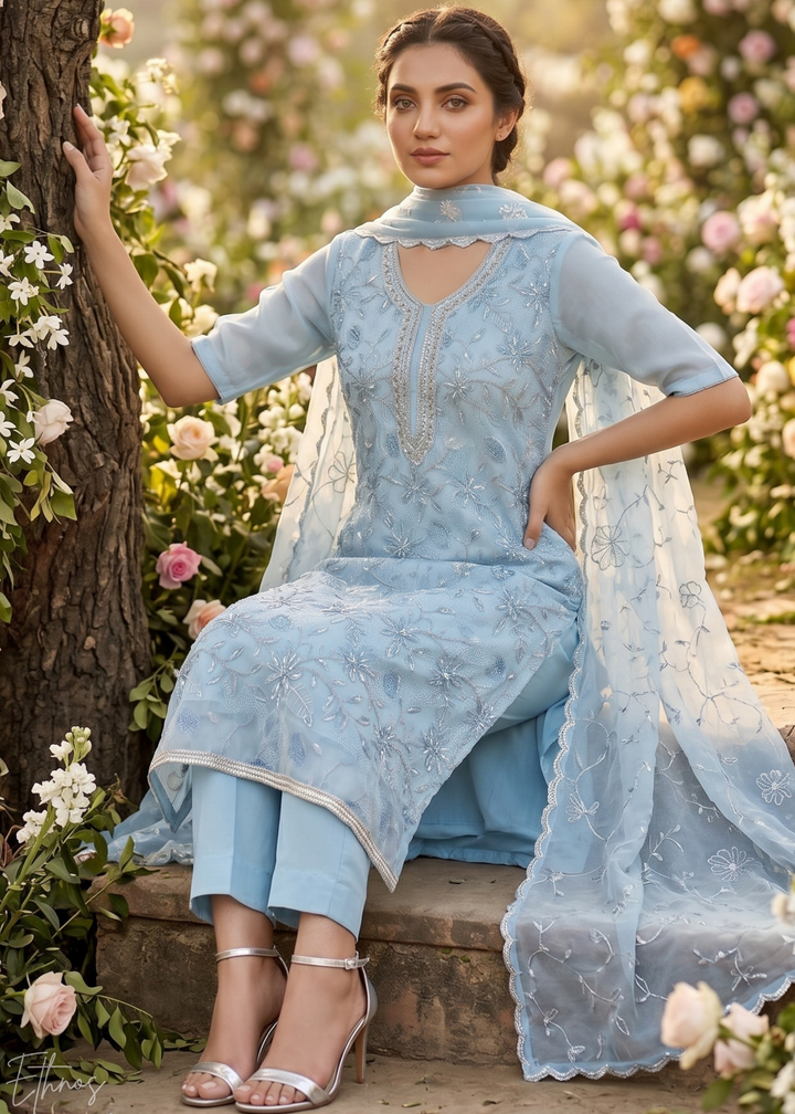Pastel Blue Vines-Embroidered Chinon Palazzo Suit