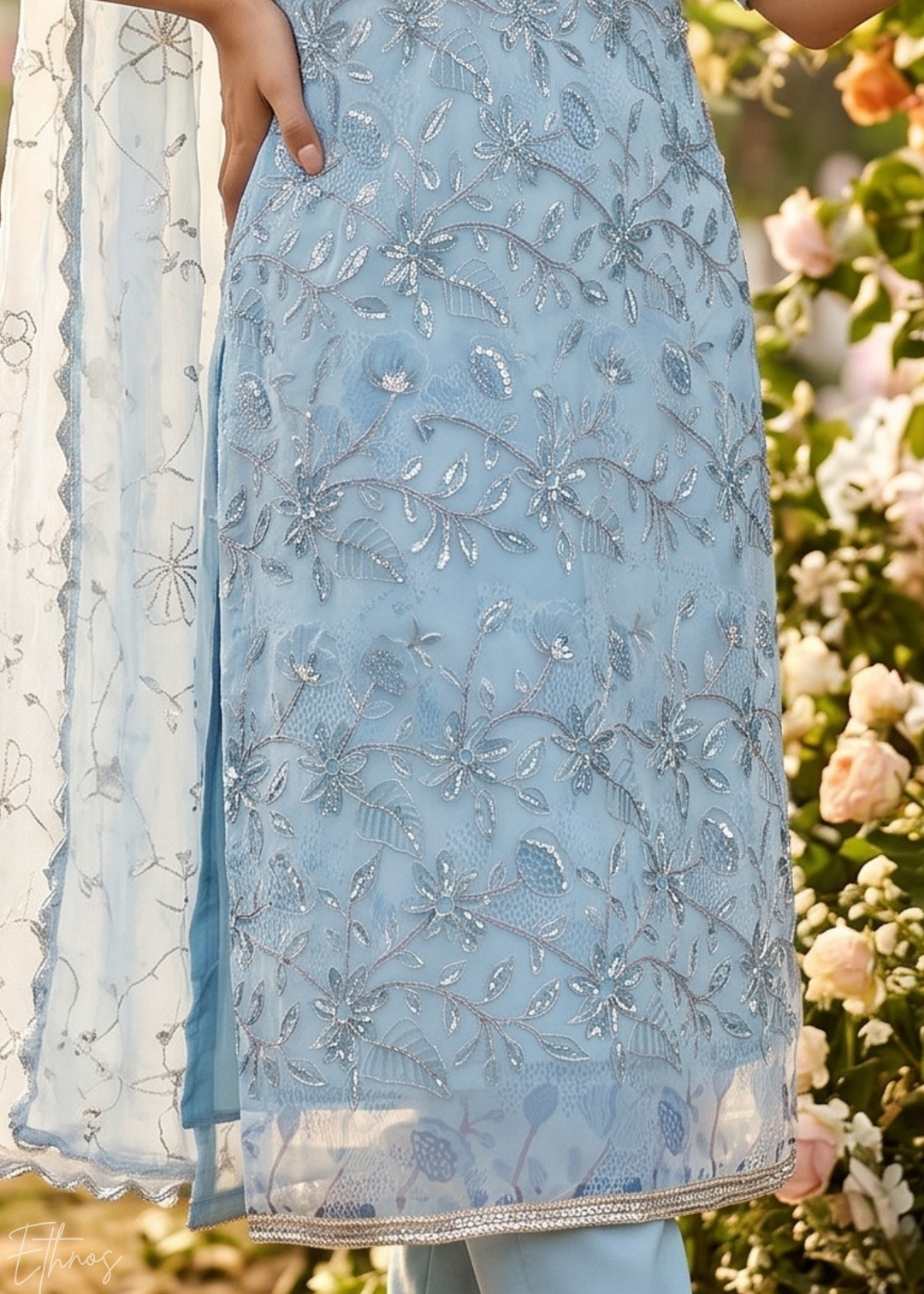 Pastel Blue Vines-Embroidered Chinon Palazzo Suit