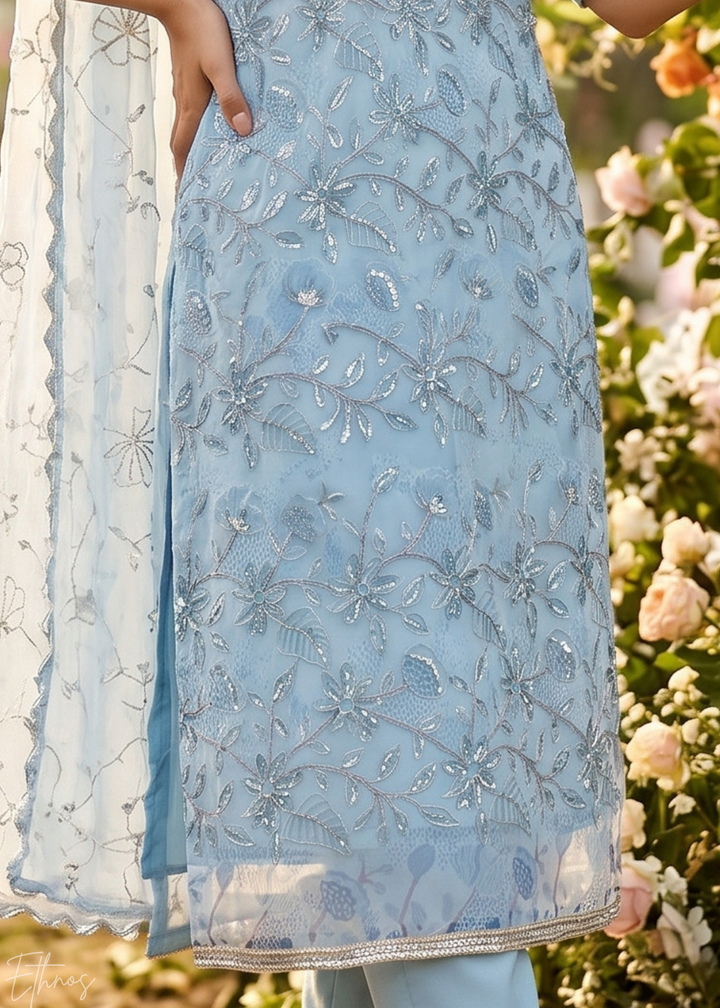 Pastel Blue Vines-Embroidered Chinon Palazzo Suit