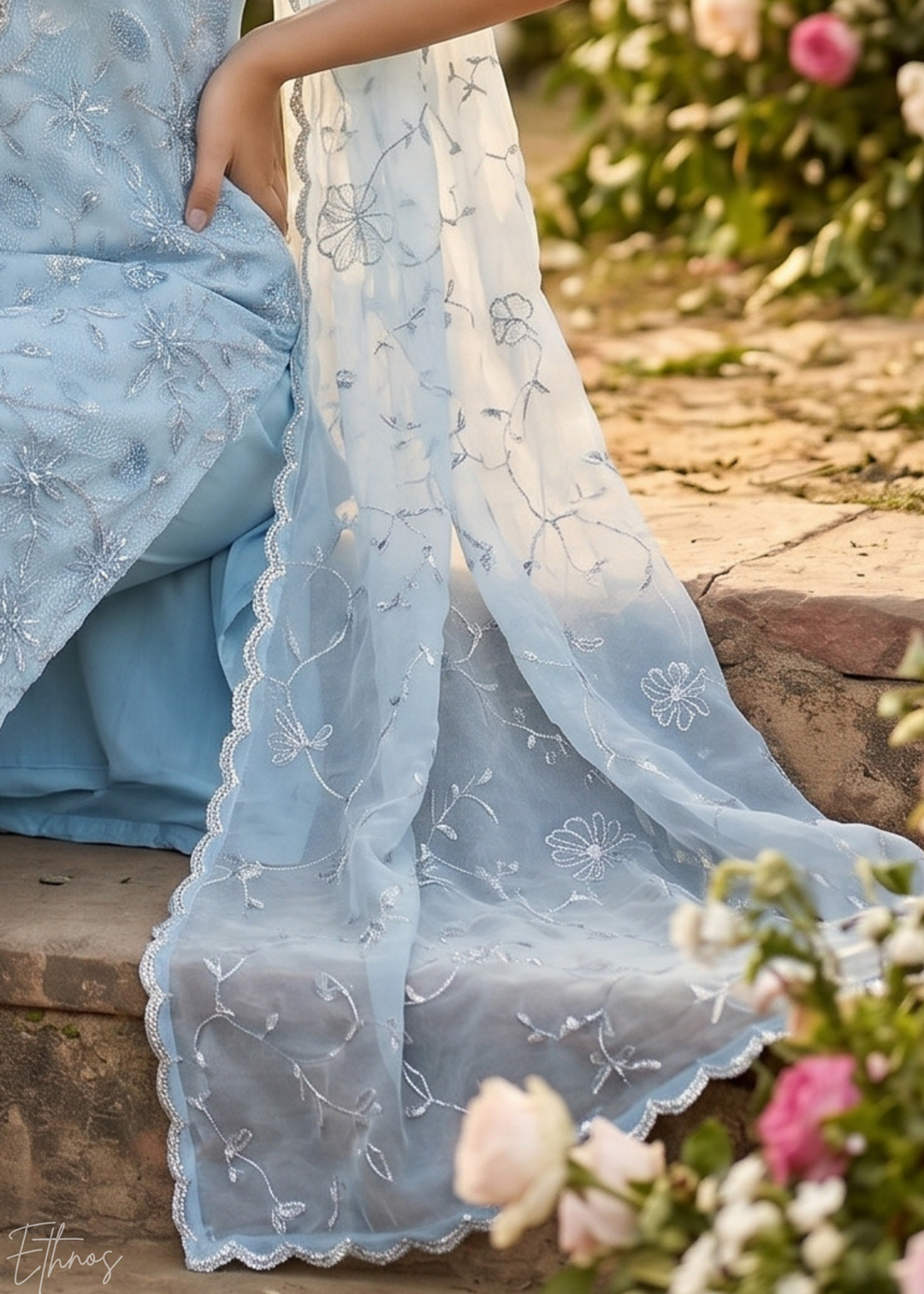 Pastel Blue Vines-Embroidered Chinon Palazzo Suit