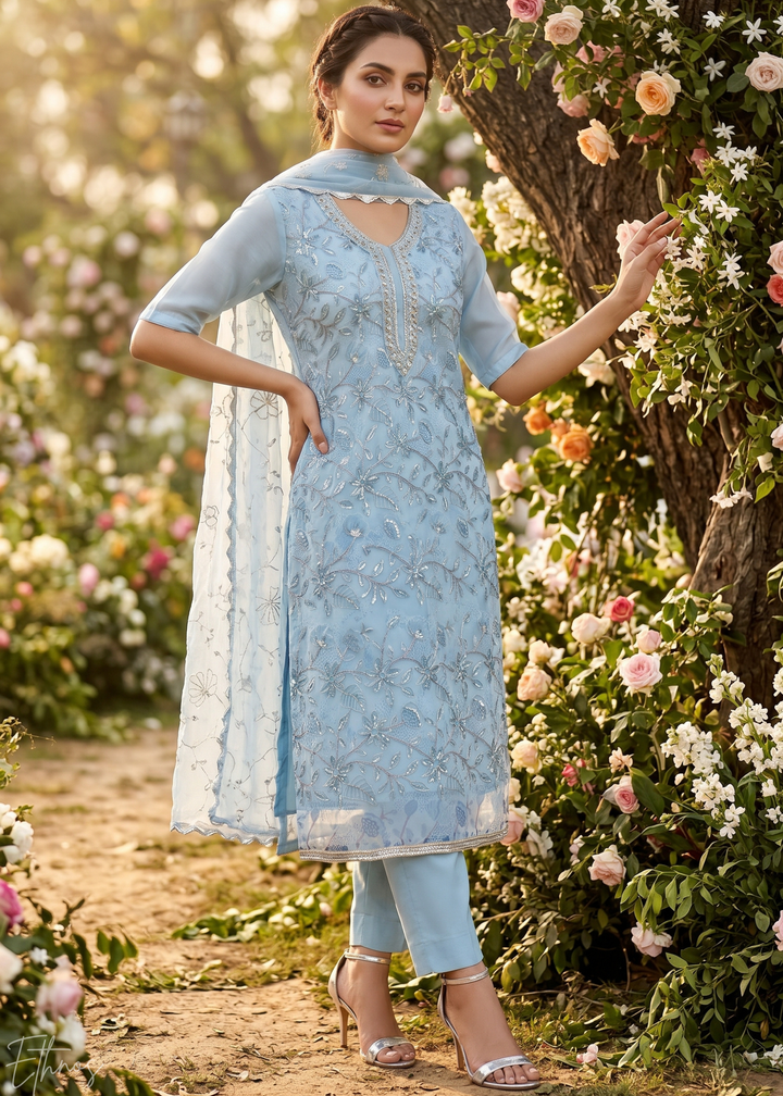 Pastel Blue Vines-Embroidered Chinon Palazzo Suit