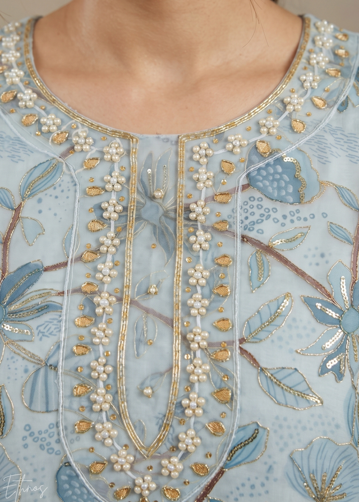 Pastel Blue Vines-Embroidered Chinon Palazzo Suit
