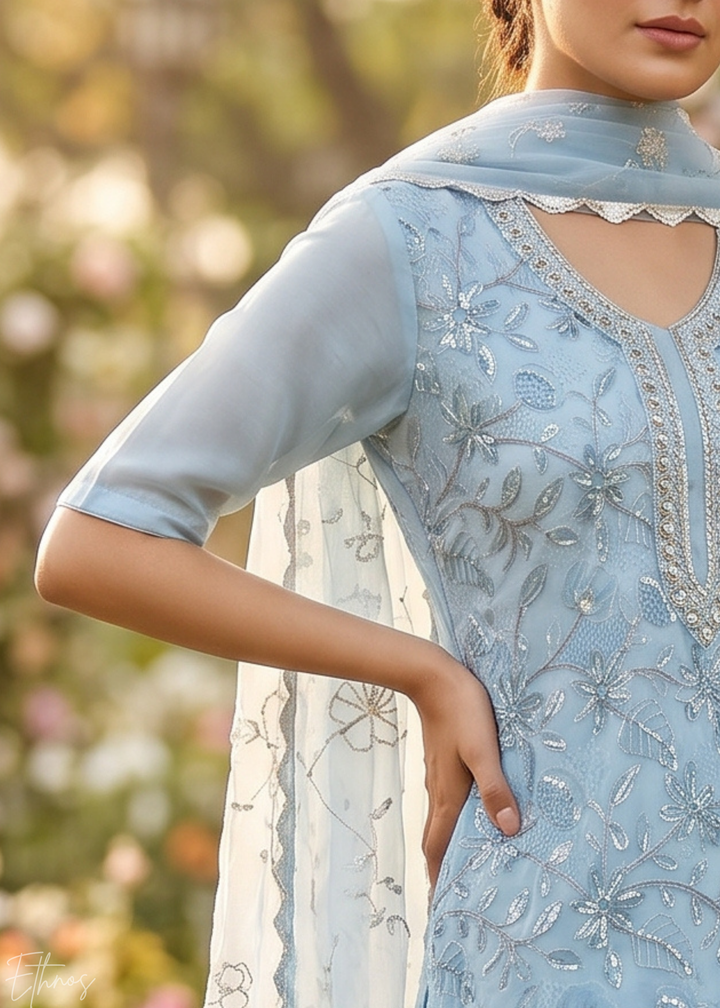 Pastel Blue Vines-Embroidered Chinon Palazzo Suit