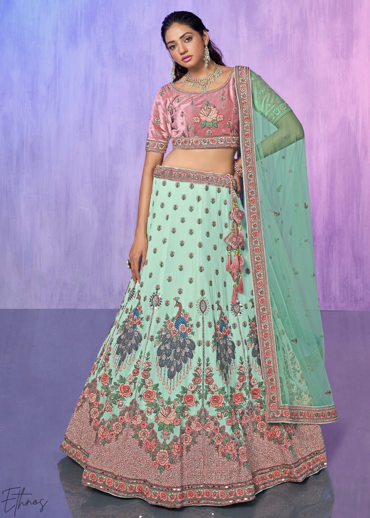 Mint Green & Pink Peacock Floral Embroidered Velvet Lehenga Choli