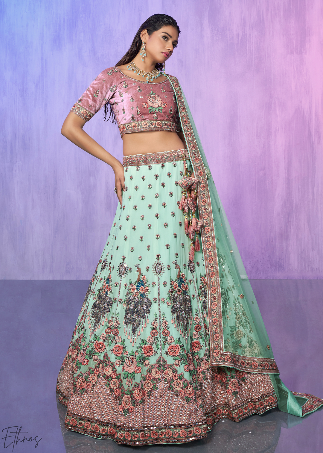 Mint Green & Pink Peacock Floral Embroidered Velvet Lehenga Choli