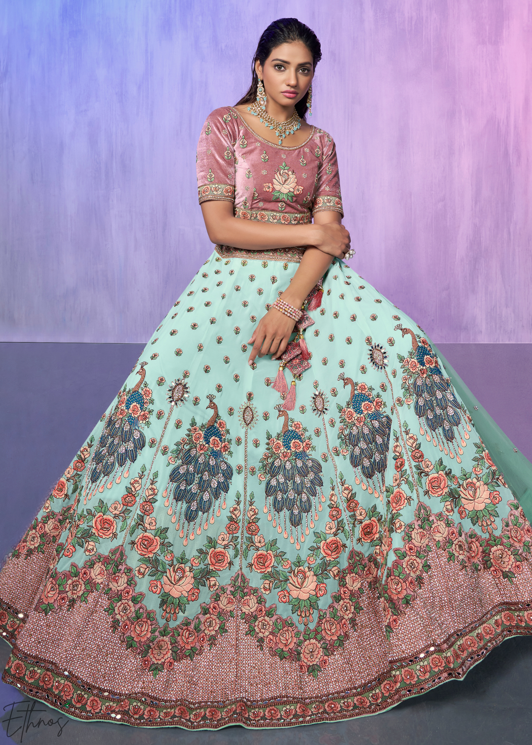 Mint Green & Pink Peacock Floral Embroidered Velvet Lehenga Choli