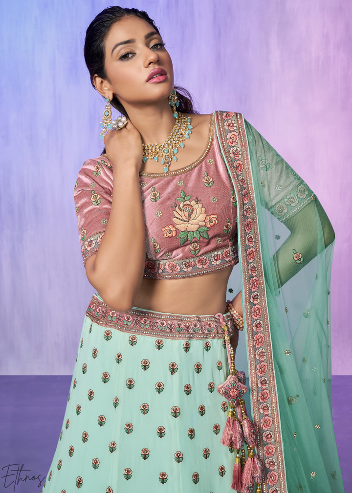 Mint Green & Pink Peacock Floral Embroidered Velvet Lehenga Choli