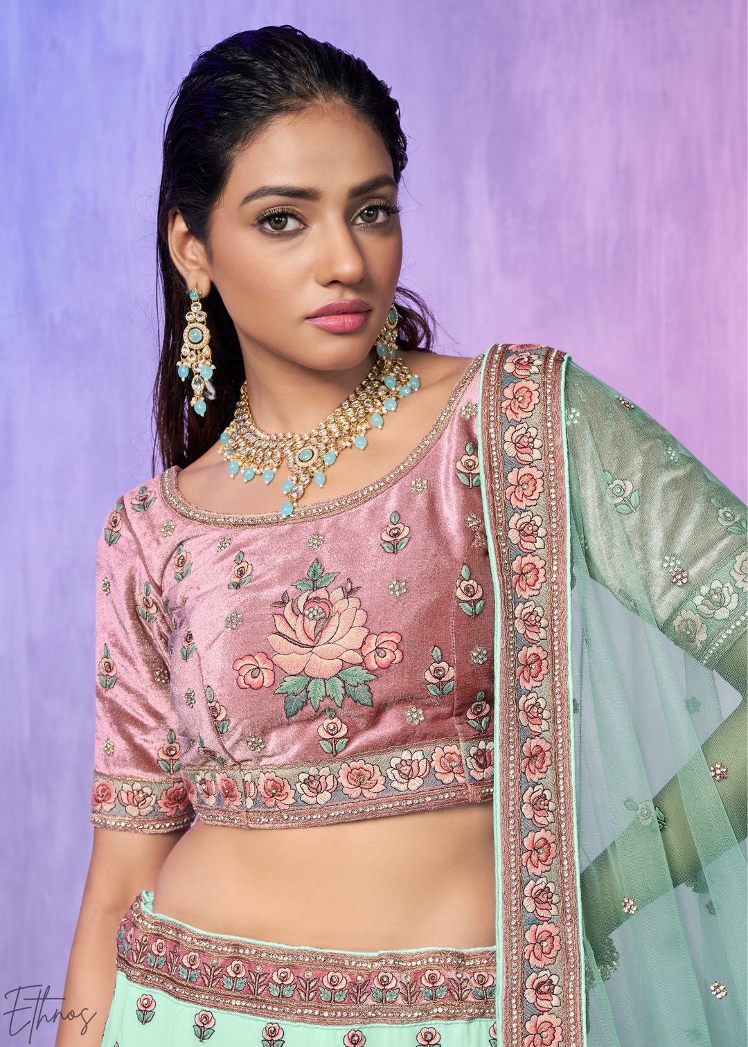 Mint Green & Pink Peacock Floral Embroidered Velvet Lehenga Choli