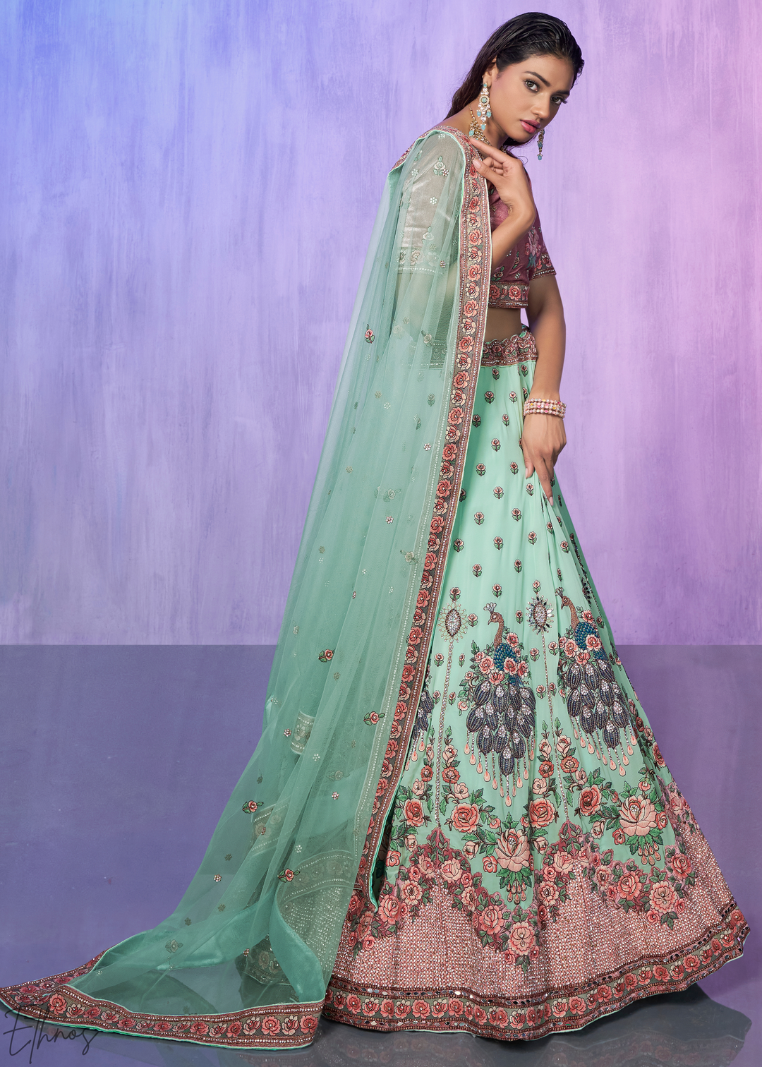 Mint Green & Pink Peacock Floral Embroidered Velvet Lehenga Choli